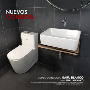 COMBO DE INODORO NARU BLANCO + BOWL ADALIA BLANCO + DESAGUE POP UP GRANDE CROMADO S/REBOSE P/BOWL CUERPO 10CM COLA 18 CM *INCLUYE TUBO DE ABASTO DE VINIL REFORZADO F1/2*M1/2 BRONCE STONE*