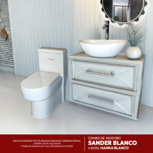 COMBO DE INODORO SANDER BLANCO + BOWL HANNA BLANCO + DESAGUE POP UP GRANDE CROMADO S/REBOSE P/BOWL CUERPO 10CM COLA 18 CM *INCLUYE TUBO DE ABASTO DE ALUMINIO REFORZADO F1/2* M1/2 RUMI*