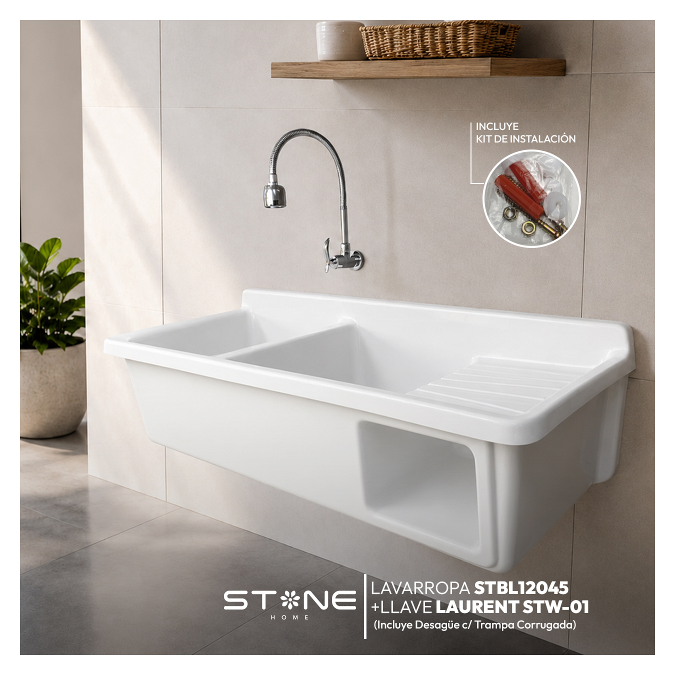 COMBO LAVARROPAS DE FIBRA DE VIDRIO STBL12050 + LLAVE LAURENT STW-01 STONE + DESAGÜE C/TRAMPA CORRUGADA DE DOBLE POZA *KIT DE INSTALACIÓN STONE - Imagen 2