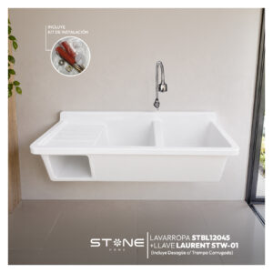 COMBO LAVARROPAS DE FIBRA DE VIDRIO STBL12050 + LLAVE LAURENT STW-01 STONE + DESAGÜE C/TRAMPA CORRUGADA DE DOBLE POZA *KIT DE INSTALACIÓN STONE