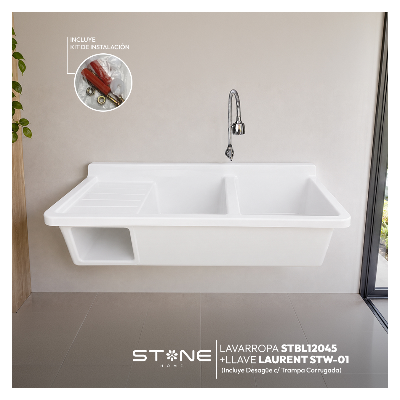 COMBO LAVARROPAS DE FIBRA DE VIDRIO STBL12050 + LLAVE LAURENT STW-01 STONE + DESAGÜE C/TRAMPA CORRUGADA DE DOBLE POZA *KIT DE INSTALACIÓN STONE