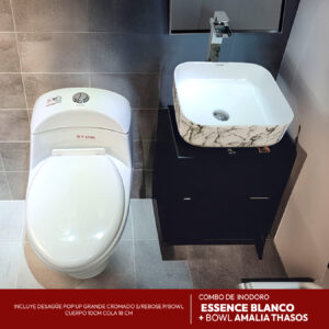 COMBO DE INODORO ONE PIECE MINIMALISTA ESSENCE BLANCO STONE + BOWL MINIMALISTA AMALIA THASOS + DESAGUE POP UP GRANDE S/REBOSE P/BOWL COLA NEGRO 18 CM