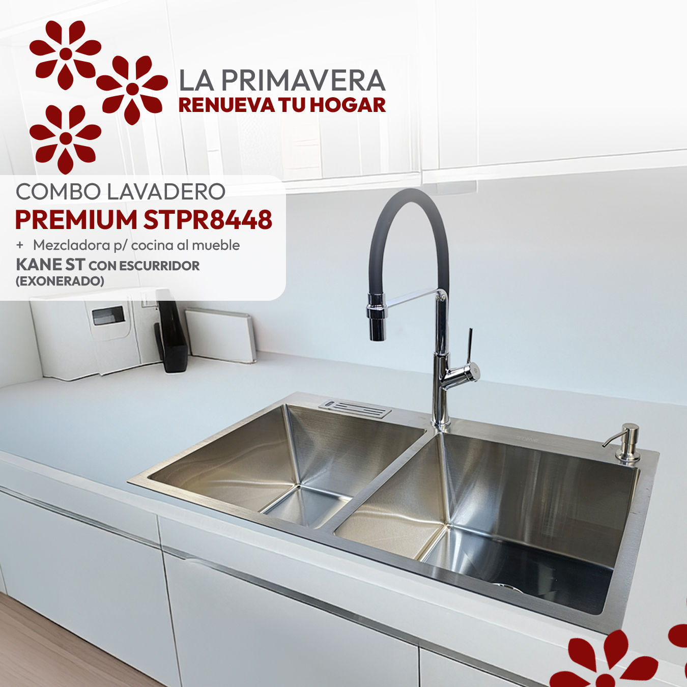 COMBO DE LAVADERO PREMIUM STPR8448 + MEZCLADORA P/COCINA AL MUEBLE KANE ST CON ESCURRIDOR(EXONERADO) STONE