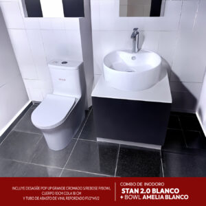 COMBO DE INODORO STAN 2.0 BLANCO + BOWL LAURE BLANCO + DESAGUE POP UP GRANDE CROMADO S/REBOSE P/BOWL CUERPO 10CM COLA 18 CM INCLUYE TUBO DE ABASTO DE VINIL REFORZADO F1/2*M1/2 BRONCE STONE