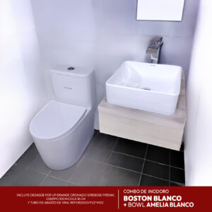 COMBO DE INODORO BOSTON BLANCO + BOWL AMELIA BLANCO + DESAGUE POP UP GRANDE CROMADO S/REBOSE P/BOWL CUERPO 10CM COLA 18 CM INCLUYE TUBO DE ABASTO DE VINIL REFORZADO F1/2*M1/2 BRONCE STONE