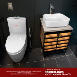 COMBO DE INODORO NORDI BLANCO + BOWL AMALIA BLANCO + DESAGUE POP UP GRANDE CROMADO S/REBOSE P/BOWL CUERPO 10CM COLA 18 CM *INCLUYE TUBO DE ABASTO DE VINIL REFORZADO F1/2*M1/2 BRONCE STONE*