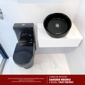 COMBO DE INODORO SANDER NEGRO + BOWL TANY NEGRO + DESAGUE POP UP GRANDE CROMADO S/REBOSE P/BOWL CUERPO 10CM COLA 18 CM *INCLUYE TUBO DE ABASTO DE VINIL REFORZADO F1/2*M1/2 BRONCE STONE*