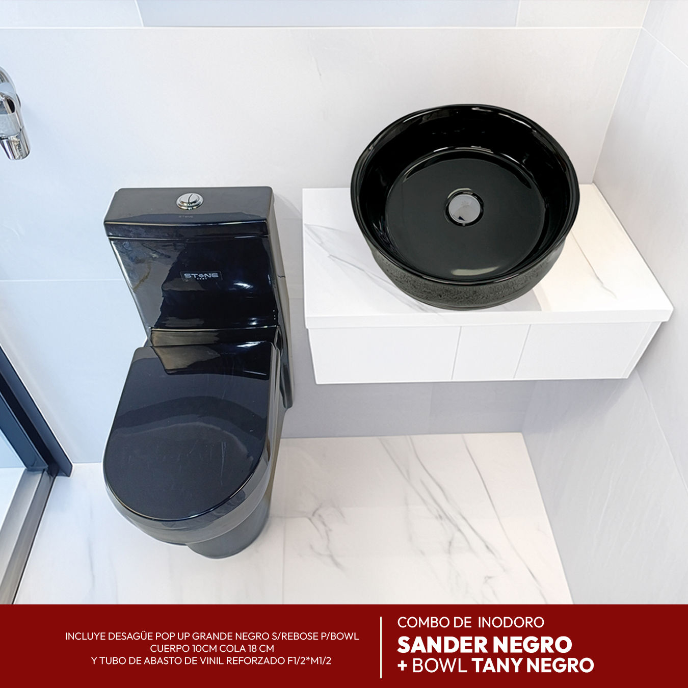COMBO DE INODORO SANDER NEGRO + BOWL TANY NEGRO + DESAGUE POP UP GRANDE CROMADO S/REBOSE P/BOWL CUERPO 10CM COLA 18 CM *INCLUYE TUBO DE ABASTO DE VINIL REFORZADO F1/2*M1/2 BRONCE STONE*