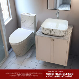 COMBO DE INODORO NORDI MARMOLEADO + BOWL AMALIA THASOS + DESAGUE POP UP GRANDE CROMADO S/REBOSE P/BOWL CUERPO 10CM COLA 18 CM *INCLUYE TUBO DE ABASTO DE VINIL REFORZADO F1/2*M1/2 BRONCE STONE*