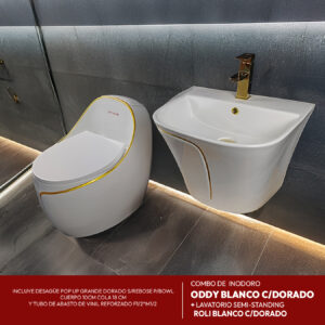 COMBO DE INODORO ODDY BLANCO C/DORADO + LAVATORIO SEMI-STANDING ROLI BLANCO C/DORADO + DESAGUE POP UP GRANDE S/REBOSE P/BOWL DORADO 18CM *INCLUYE TUBO DE ABASTO DE VINIL REFORZADO F1/2*M1/2 BRONCE STONE*