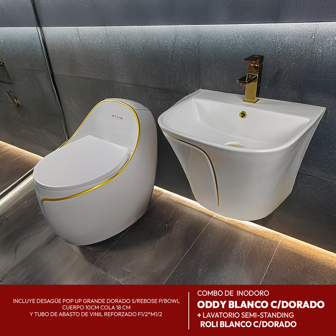 COMBO DE INODORO ODDY BLANCO C/DORADO + LAVATORIO SEMI-STANDING ROLI BLANCO C/DORADO + DESAGUE POP UP GRANDE S/REBOSE P/BOWL DORADO 18CM *INCLUYE TUBO DE ABASTO DE VINIL REFORZADO F1/2*M1/2 BRONCE STONE*