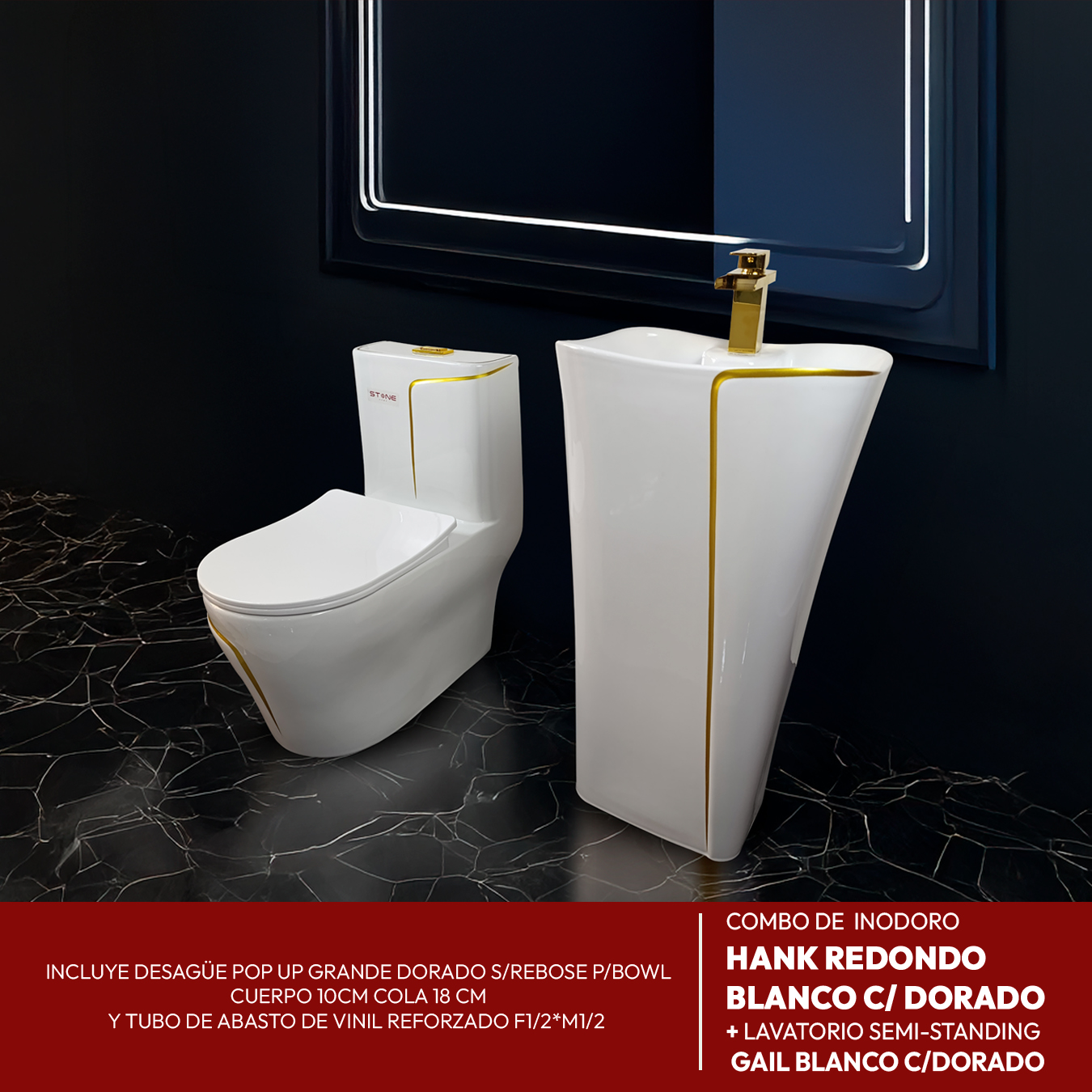 COMBO DE INODORO HANK REDONDO BLANCO C/ DORADO + LAVATORIO STANDING GAIL BLANCO C/DORADO + DESAGUE POP UP GRANDE S/REBOSE P/BOWL DORADO 18CM *INCLUYE TUBO DE ABASTO DE VINIL REFORZADO F1/2*M1/2 BRONCE STONE*