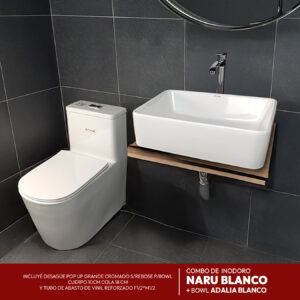 COMBO DE INODORO NARU BLANCO + BOWL ADALIA BLANCO + DESAGUE POP UP GRANDE CROMADO S/REBOSE P/BOWL CUERPO 10CM COLA 18 CM *INCLUYE TUBO DE ABASTO DE VINIL REFORZADO F1/2*M1/2 BRONCE STONE*