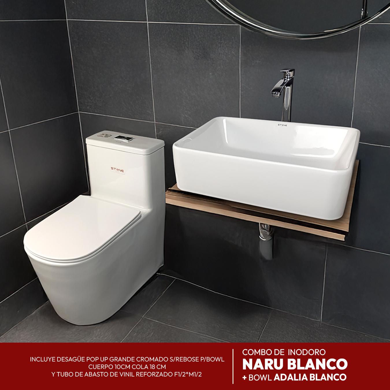COMBO DE INODORO NARU BLANCO + BOWL ADALIA BLANCO + DESAGUE POP UP GRANDE CROMADO S/REBOSE P/BOWL CUERPO 10CM COLA 18 CM *INCLUYE TUBO DE ABASTO DE VINIL REFORZADO F1/2*M1/2 BRONCE STONE*
