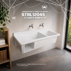 COMBO LAVARROPAS DE FIBRA DE VIDRIO STBL12045 + 2 LLAVES ASIRI R-02 RUMI + DESAGÜE C/TRAMPA CORRUGADA DE DOBLE POZA *KIT DE INSTALACIÓN STONE