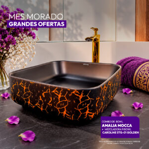 COMBO BOWL AMALIA MOCCA + MEZCLADORA P/BOWL CAROLINE STG-01 GOLDEN + DESAGUE POP UP GRANDE DORADO S/REBOSE P/BOWL CUERPO 10CM COLA 18 CM STONE