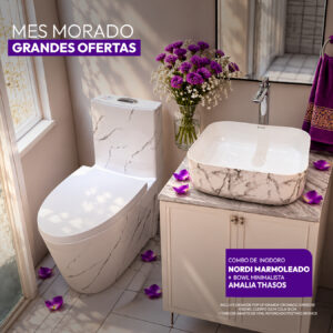 COMBO DE INODORO NORDI MARMOLEADO + BOWL AMALIA THASOS + DESAGUE POP UP GRANDE CROMADO S/REBOSE P/BOWL CUERPO 10CM COLA 18 CM *INCLUYE TUBO DE ABASTO DE VINIL REFORZADO F1/2*M1/2 BRONCE STONE*