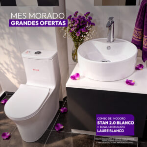 COMBO DE INODORO STAN 2.0 BLANCO + BOWL LAURE BLANCO + DESAGUE POP UP GRANDE CROMADO S/REBOSE P/BOWL CUERPO 10CM COLA 18 CM INCLUYE TUBO DE ABASTO DE VINIL REFORZADO F1/2*M1/2 BRONCE STONE