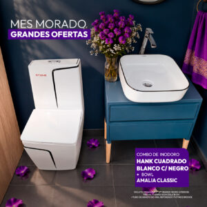 COMBO DE INODORO HANK CUADRADO BLANCO C/ NEGRO + BOWL AMALIA CLASSIC + DESAGUE POP UP GRANDE NEGRO S/REBOSE P/BOWL CUERPO 8 CM COLA 18 CM *INCLUYE TUBO DE ABASTO DE VINIL REFORZADO F1/2*M1/2 BRONCE STONE*