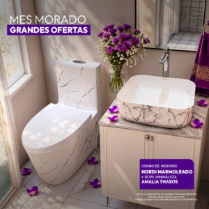 COMBO DE INODORO NORDI MARMOLEADO + BOWL AMALIA THASOS + DESAGUE POP UP GRANDE CROMADO S/REBOSE P/BOWL CUERPO 10CM COLA 18 CM *INCLUYE TUBO DE ABASTO DE VINIL REFORZADO F1/2*M1/2 BRONCE STONE*