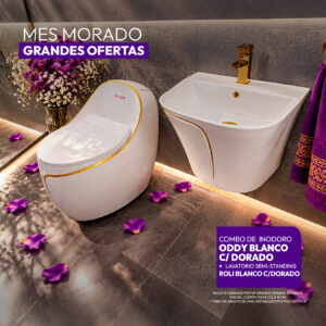 COMBO DE INODORO ODDY BLANCO C/DORADO + LAVATORIO SEMI-STANDING ROLI BLANCO C/DORADO + DESAGUE POP UP GRANDE S/REBOSE P/BOWL DORADO 18CM *INCLUYE TUBO DE ABASTO DE VINIL REFORZADO F1/2*M1/2 BRONCE STONE*