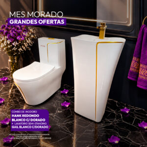 COMBO DE INODORO HANK REDONDO BLANCO C/ DORADO + LAVATORIO STANDING GAIL BLANCO C/DORADO + DESAGUE POP UP GRANDE S/REBOSE P/BOWL DORADO 18CM *INCLUYE TUBO DE ABASTO DE VINIL REFORZADO F1/2*M1/2 BRONCE STONE*
